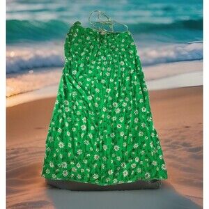 stradivarius Womens Halter Dress Slit Ruched Green Daisy Print  Size 10